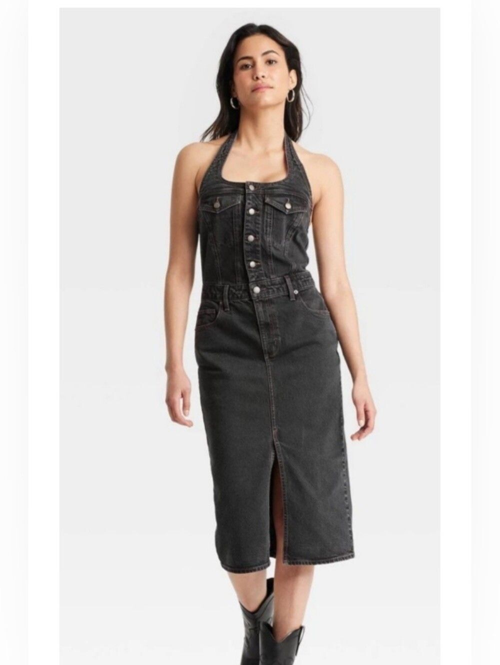 NWT Universal Thread 14 Black Denim Halter Midi Dress 3979-j
